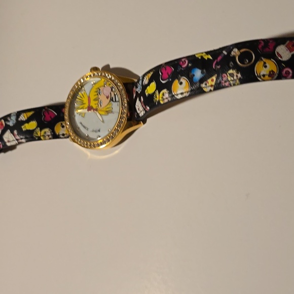 Betsey Johnson Gold Cartoon Watch with Black Strap